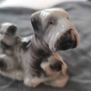 Schnauzer Dog Figurine MOM BABIES Vintage Porcelain Japan